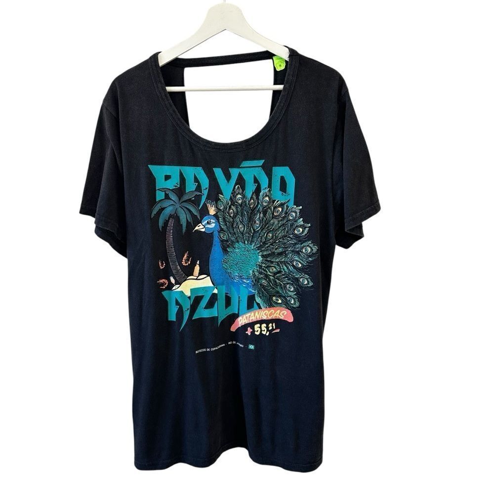 FARM Rio Black Graphic T-Shirt with Peacock Design